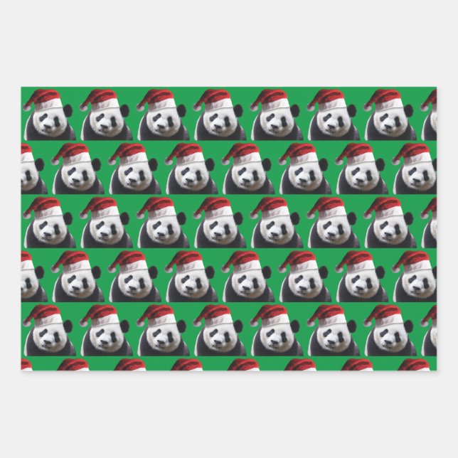 Panda Bear wearing a Santa Claus hat for Christmas Wrapping Paper Sheets (Front)