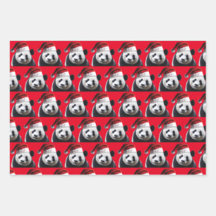 Panda Bear Wearing a Santa Claus Hat for Christmas Wrapping Paper Sheets