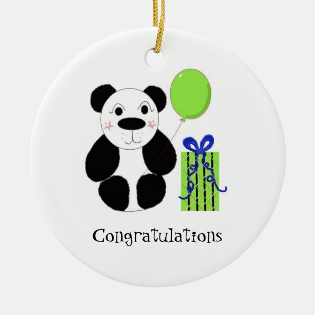 Panda Bear with Balloon Congratulations Ceramic Ornament (Front)