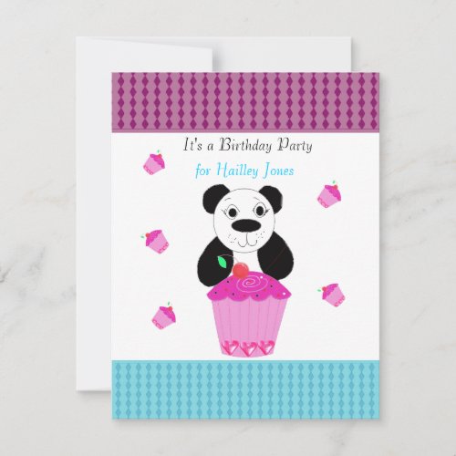 Panda Bear with Cupcakes Birthday Party Invitation