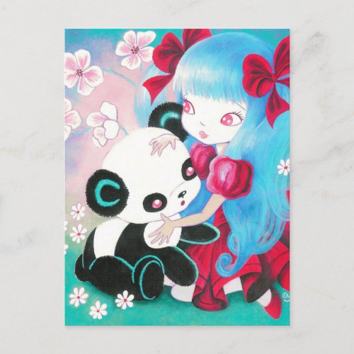 Panda Bear with Kawaii Girl Postcard