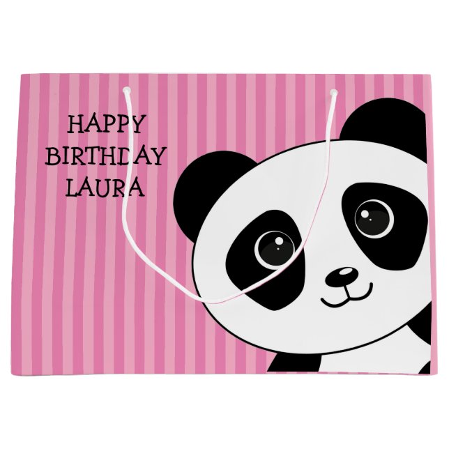Panda Bear with Pink Stripes Birthday Large Gift Bag (Front)