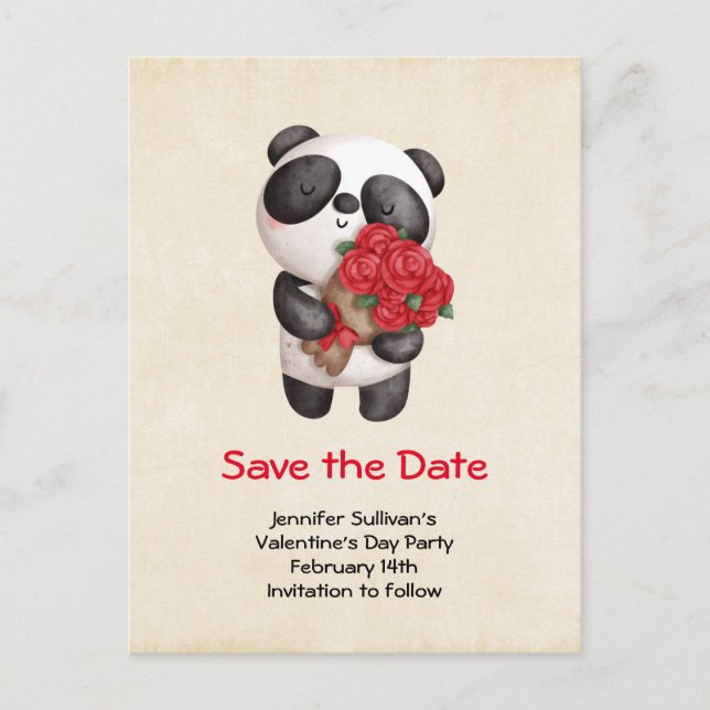 Panda Bear with Rose Bouquet Save the Date Invitation Postcard (Front)