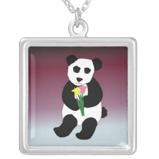 Panda Bear with Tulips Silver Plated Necklace