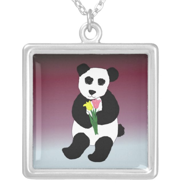 Panda Bear with Tulips Silver Plated Necklace (Front)