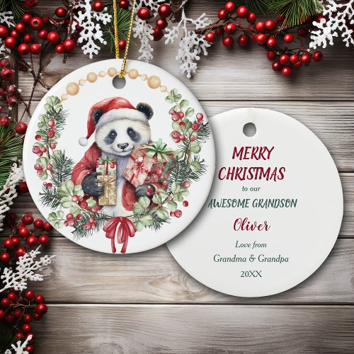 Panda Bear Wreath Grandson Christmas Ceramic Ornament