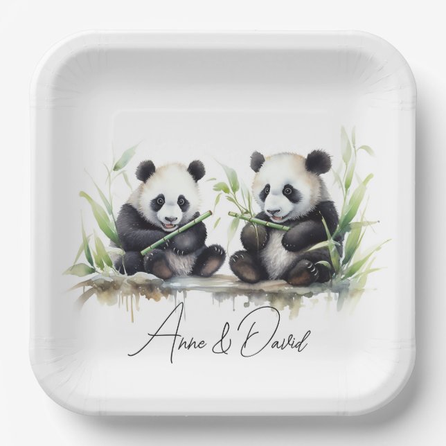Panda Bears for Anniversary Party Paper Plates (Front)