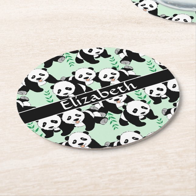 Panda Bears Graphic Pattern to Personalize Round Paper Coaster (Angled)