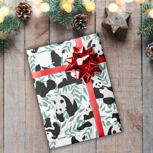 Panda Bears Green Bamboo White Pattern Wrapping Paper (Creator Uploaded)