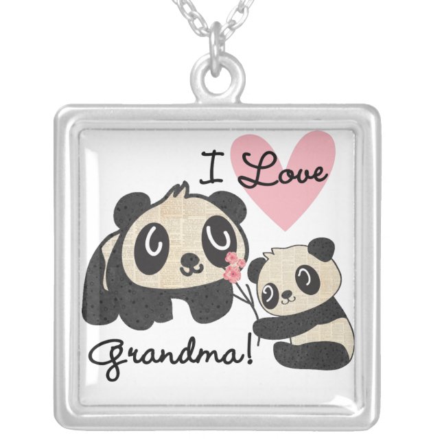 Panda Bears I Love Grandma Silver Plated Necklace (Front)