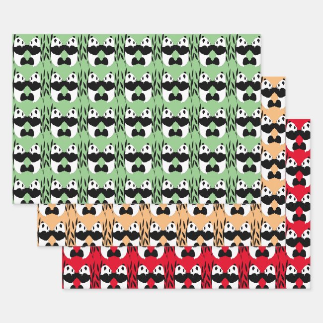 Panda Bears in Red Green Gold Wrapping Paper Set
