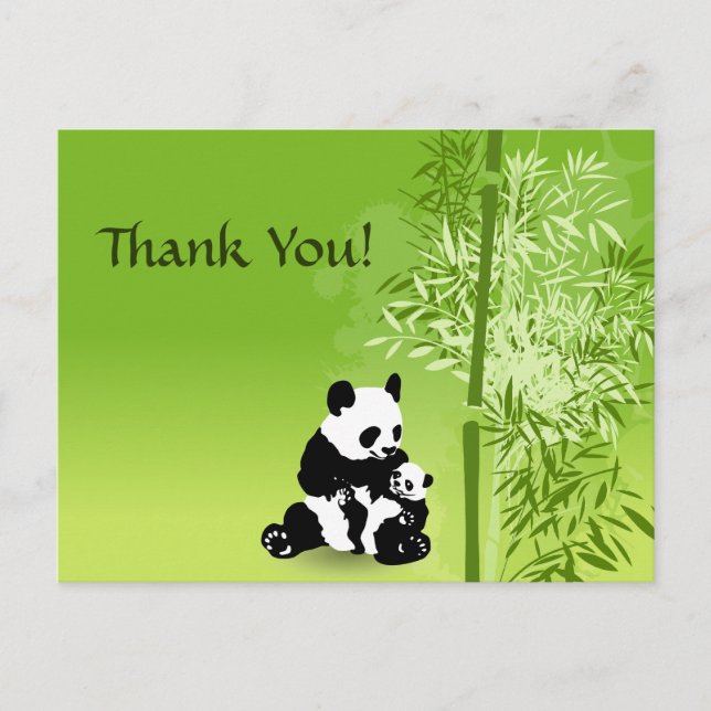 Panda Bears, Mom and Baby with Bamboo Thank You Postcard (Front)