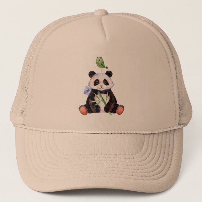 Panda & Bird Watercolors Illustration Trucker Hat (Front)