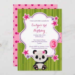 Panda Birthday Party Invitation - Pink and Purple