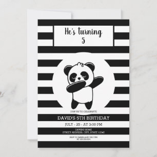 Panda Black and White Stripe Kids Birthday Invitation