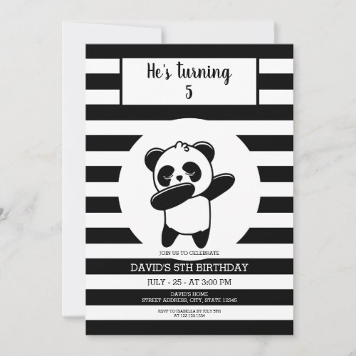 Panda Black and White Stripe Kids Birthday Invitation