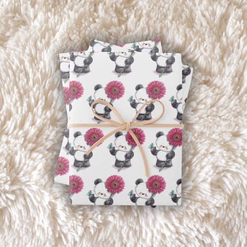 Panda Bliss Adorable Panda Bear  Flower Wrapping Paper Sheets