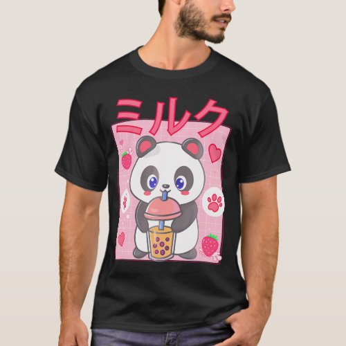 Panda Boba Tea Bubble Tea Anime Kawaii Strawberry  T_Shirt