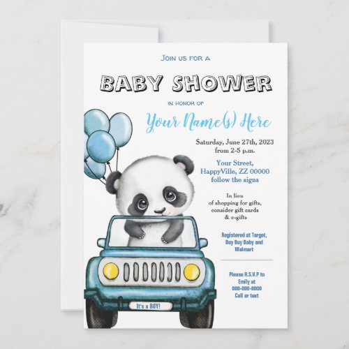 Panda Boy Baby Shower Car Invitation