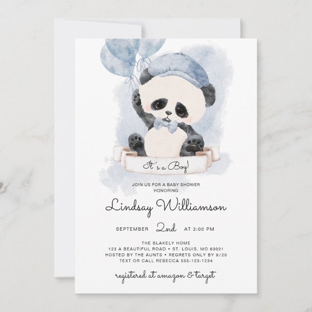 Panda Boy Baby Shower Invitation (Front)
