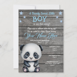 Panda Boy Baby Shower Invitation, rustic blue boy  Invitation