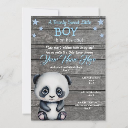 Panda Boy Baby Shower Invitation rustic blue boy  Invitation