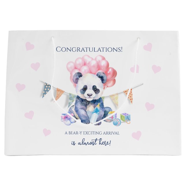 Panda bunting and balloons Baby Shower Large Gift Bag (Front)