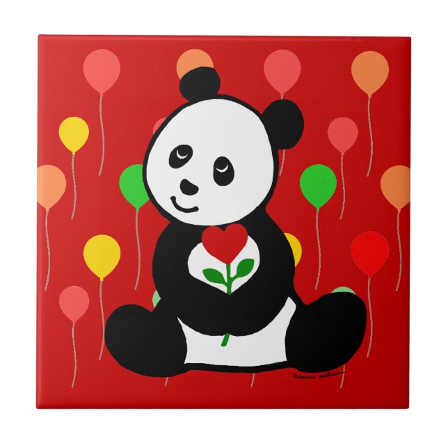 Panda Cartoon and A Heart Flower Ceramic Tile (Front)