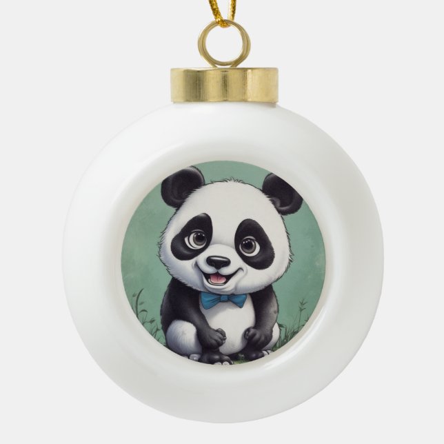 Panda Cartoon Drawing Art Ceramic Ball Christmas Ornament (Front)