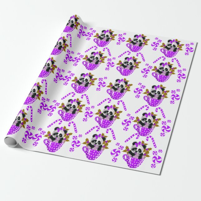Panda Christmas Purple wrapping paper  (Unrolled)