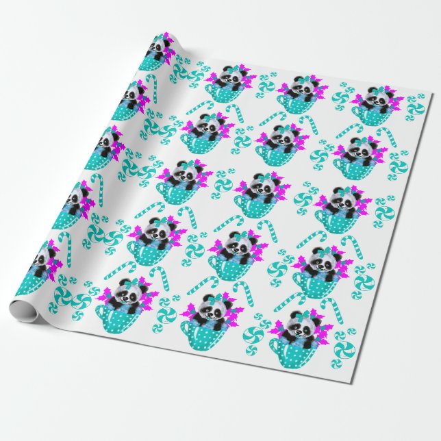 Panda Christmas Teal wrapping paper  (Unrolled)