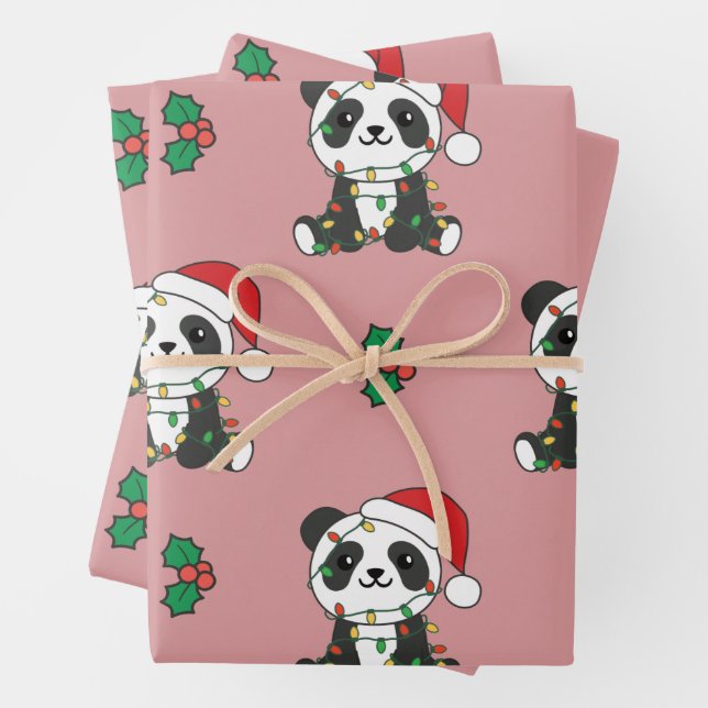 Panda Christmas Winter Animals Holiday Pandas Wrapping Paper Sheets (In situ)