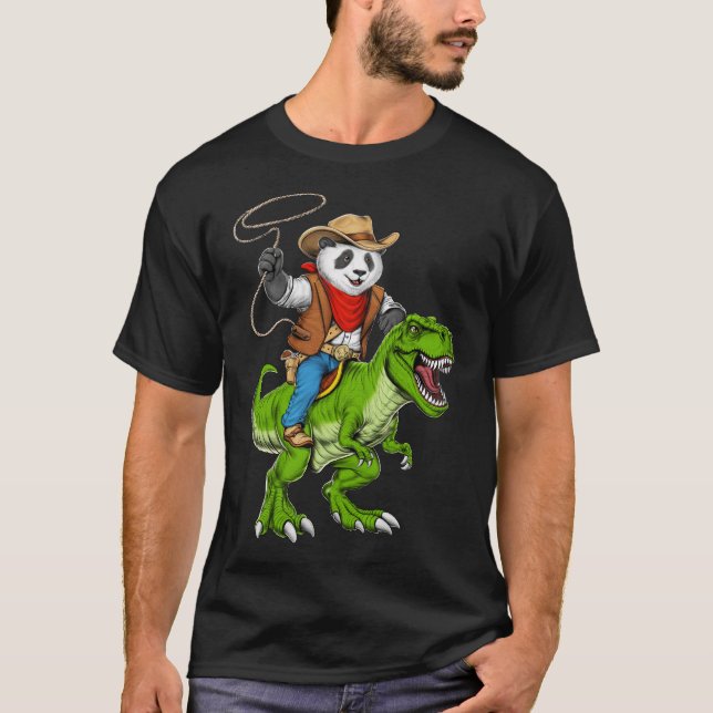 Panda Cowboy Riding T-Rex Dinosaur T-Shirt (Front)