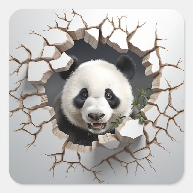 Panda Cracked Hole Art  Panda Smashed Wall 3D Square Sticker (Front)