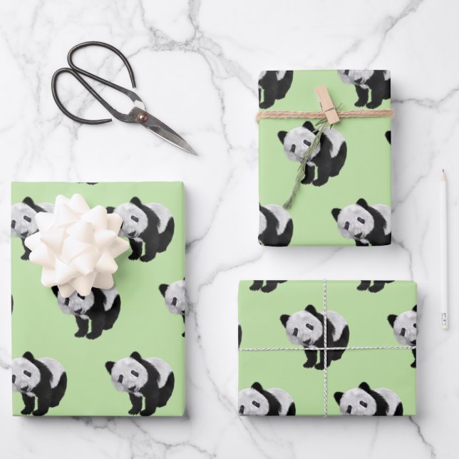 Panda Cub Green Wrapping Paper Sheets (Front)