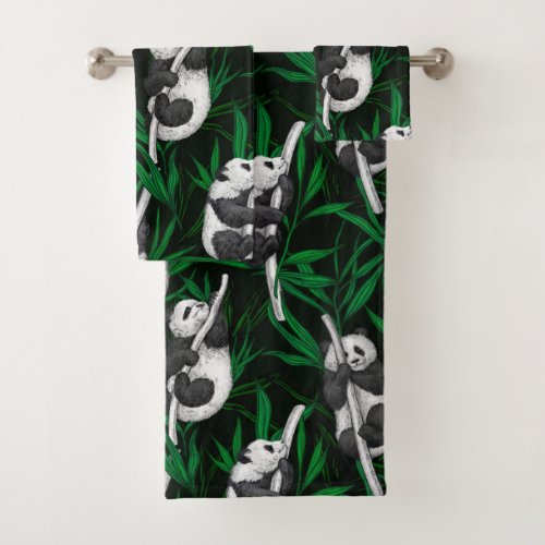 Panda cubs on dark green bath towel set