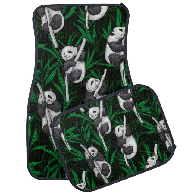 Panda cubs on dark green car floor mat (Set)