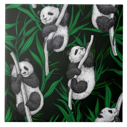 Panda cubs on dark green ceramic tile