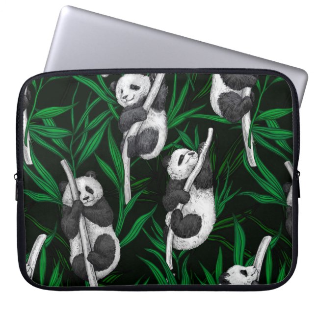 Panda cubs on dark green laptop sleeve (Front)