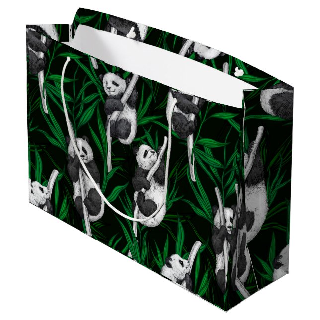 Panda cubs on dark green large gift bag (Back Angled)