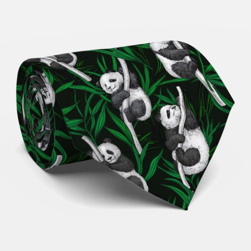 Panda cubs on dark green neck tie