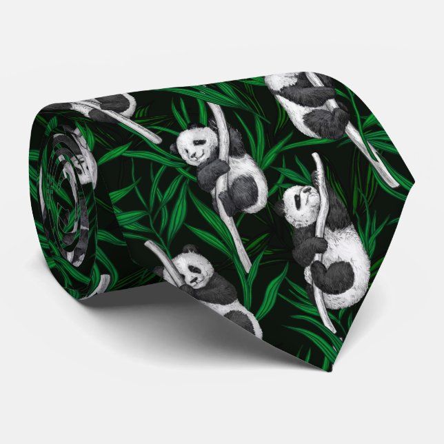 Panda cubs on dark green neck tie (Rolled)