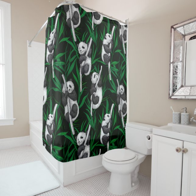 Panda cubs on dark green shower curtain (In Situ)