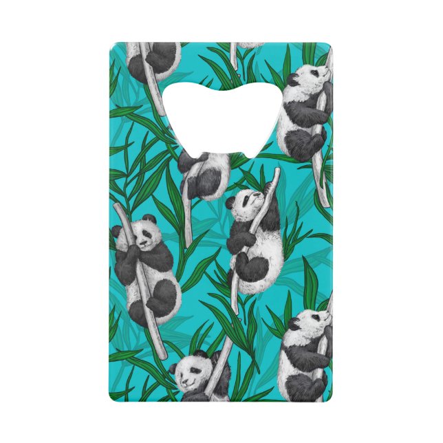 Panda cubs on turquoise credit card bottle opener (Front)