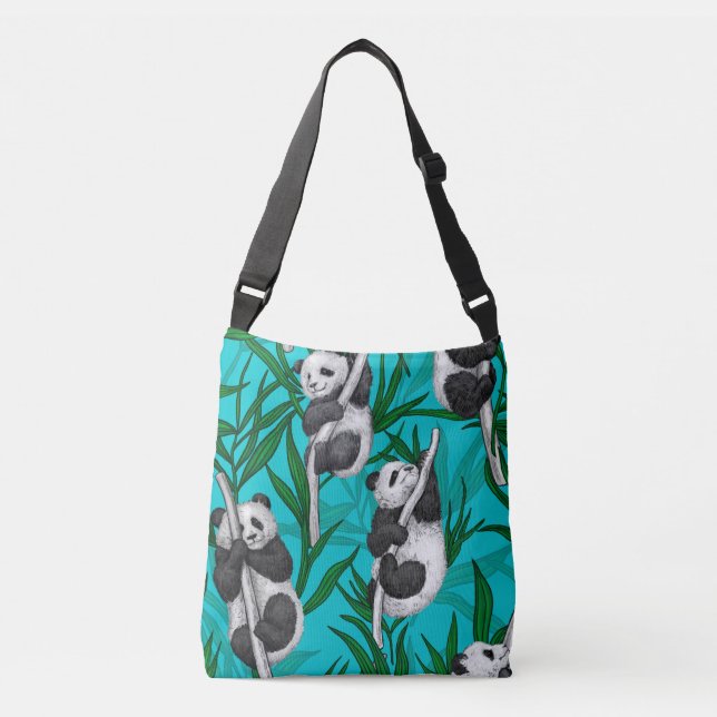 Panda cubs on turquoise crossbody bag (Front)