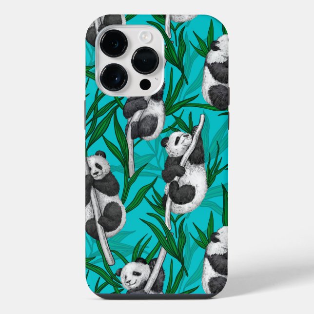 Panda cubs on turquoise iphone case (Back)