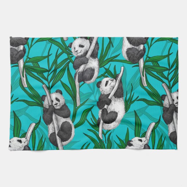 Panda cubs on turquoise kitchen towel (Horizontal)