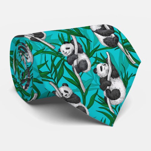Panda cubs on turquoise neck tie