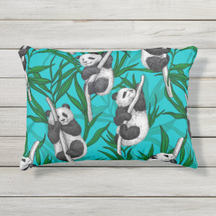 Panda cubs on turquoise outdoor pillow