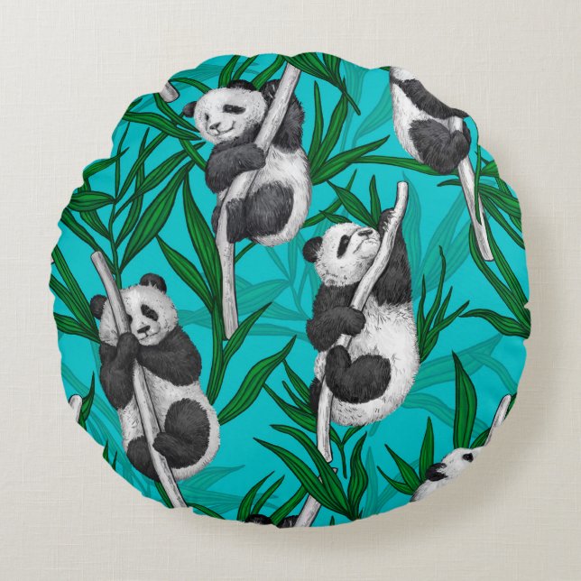 Panda cubs on turquoise round pillow (Front)